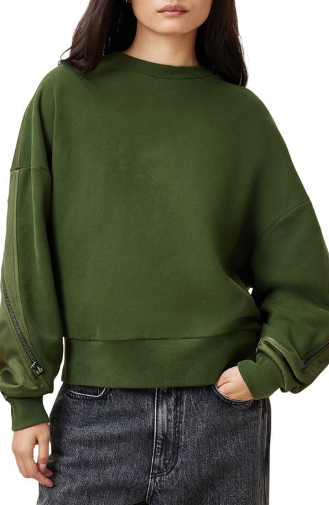 Zipper Accent Shirred Cotton Sweatshirt