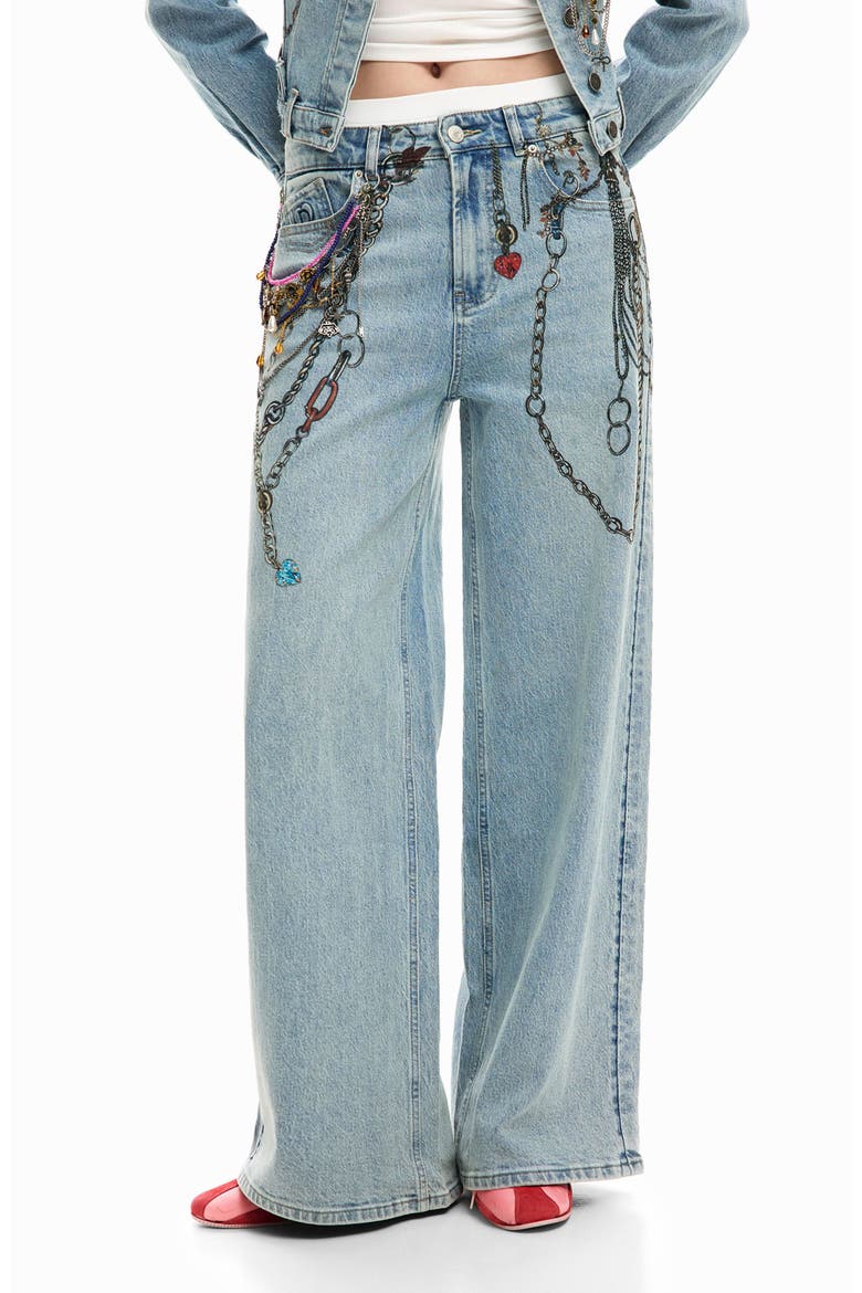 Chain Embellished Wide Leg Jeans, Main, color, MEDIUM BLUE