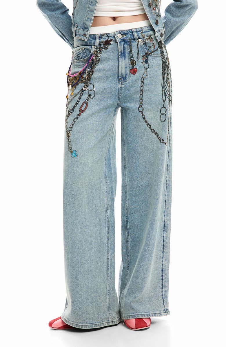 Desigual Chain Embellished Wide Leg Jeans, Main, color, Medium Blue