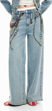 Desigual Chain Embellished Wide Leg Jeans