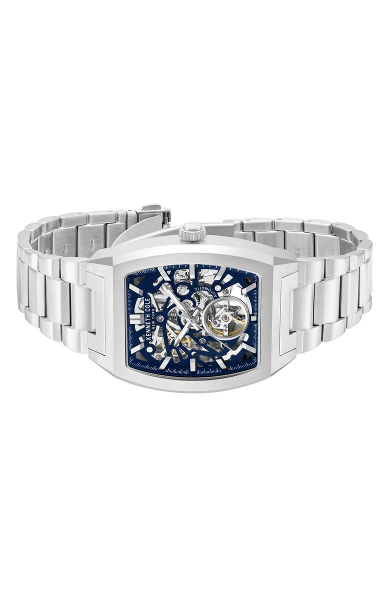 Kenneth Cole New York The Hollis Tonneau Skeleton Automatic Bracelet Watch, 40mm x 52.5mm, Alternate, color, Silver