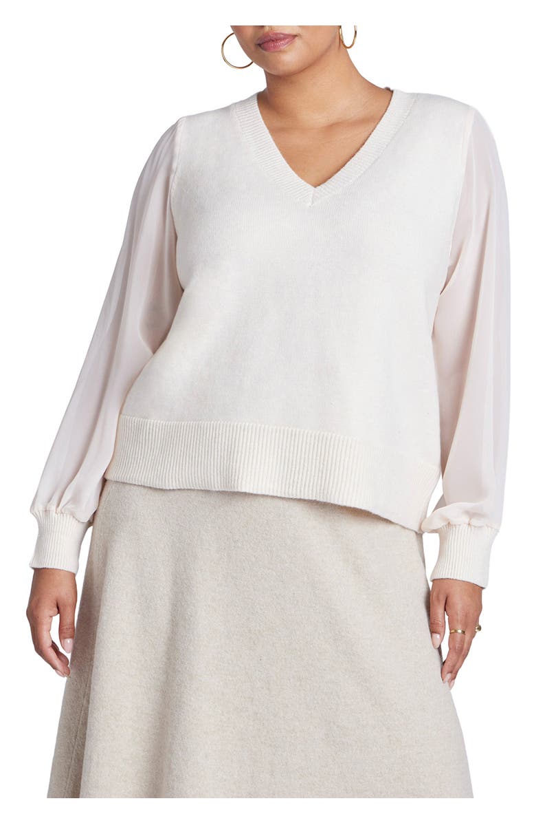 ELOQUII Sheer Sleeve V-Neck Sweater, Main, color, Buttercream