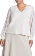 ELOQUII Sheer Sleeve V-Neck Sweater