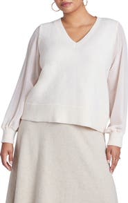 ELOQUII Sheer Sleeve V-Neck Sweater