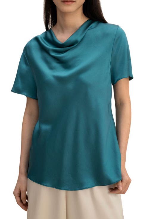 Cowl Neck Short Sleeves Silk T-Shirt