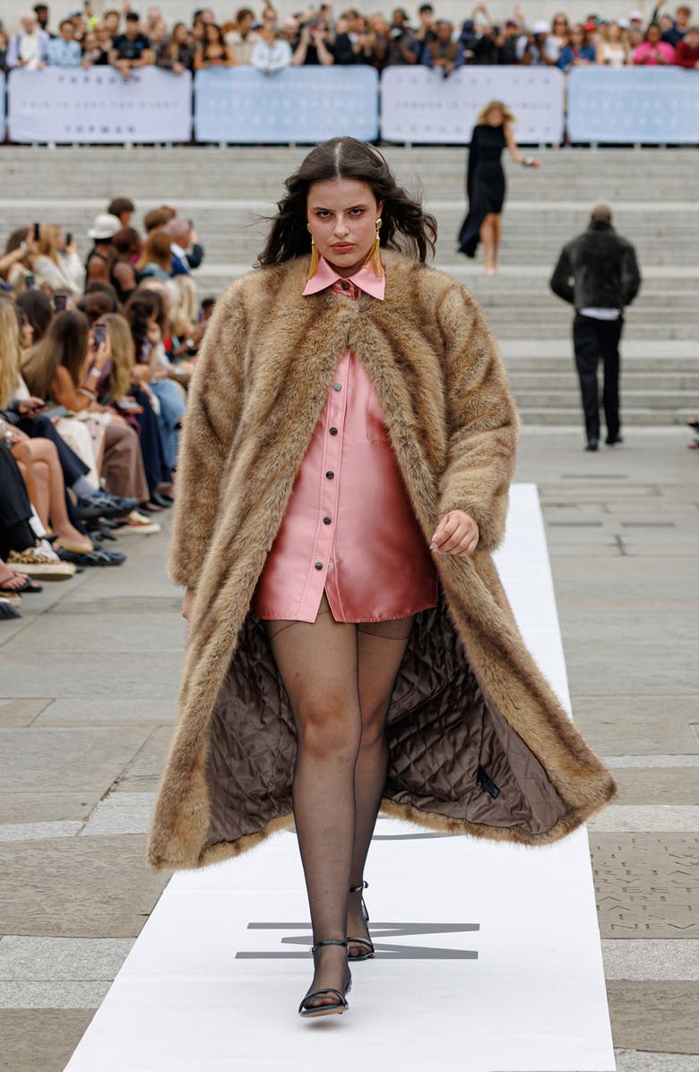 Topshop Collarless Faux Fur Long Coat, Alternate, color, Beige