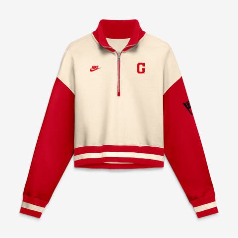 Women's Nike Natural/Red Georgia Bulldogs Oversized Legacy Color Block Cropped Quarter-Zip Pullover