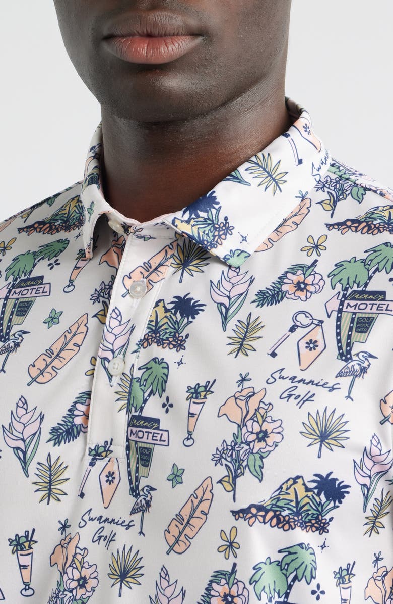 Swannies Oasis Tropical Icons Print Performance Golf Polo, Alternate, color, Vintage White