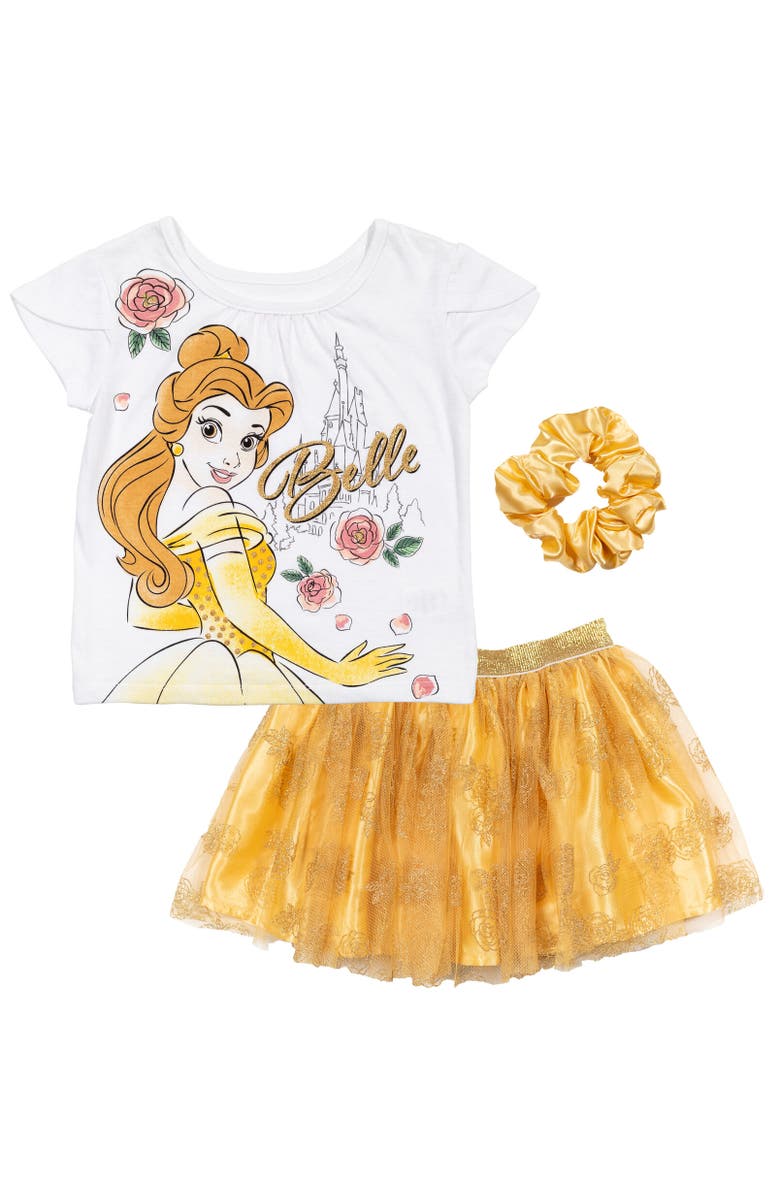 Disney T-Shirt Skirt & Scrunchie Set, Main, color, Belle White White