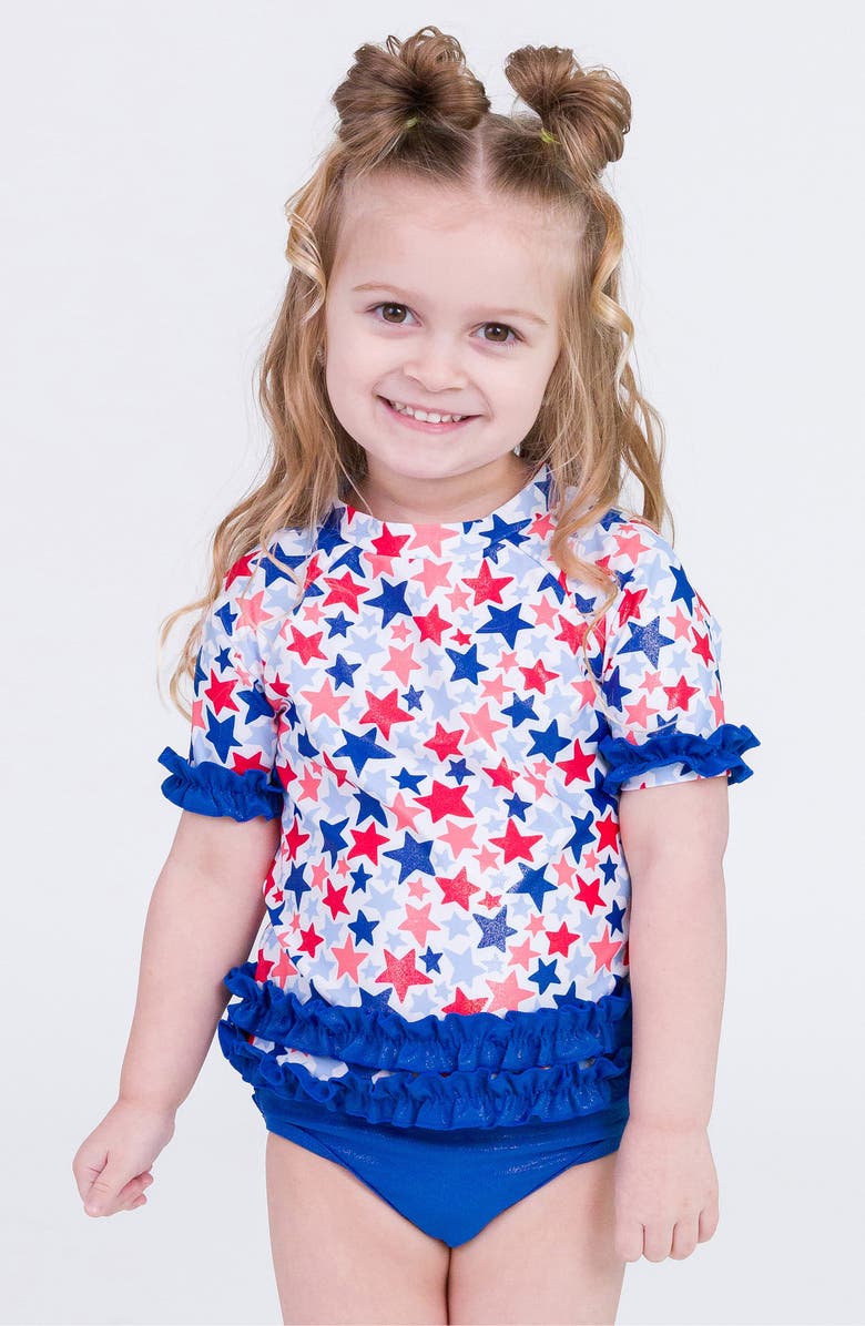 RuffleButts Shimmer Star Spangled Rashguard Two-Piece Swimsuit, Alternate, color, Shimmer Star-Spangled