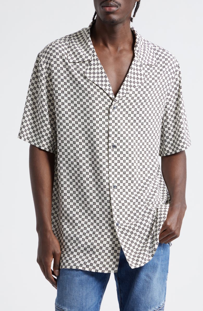 Balmain Mini Monogram Button-Up Shirt, Main, color,