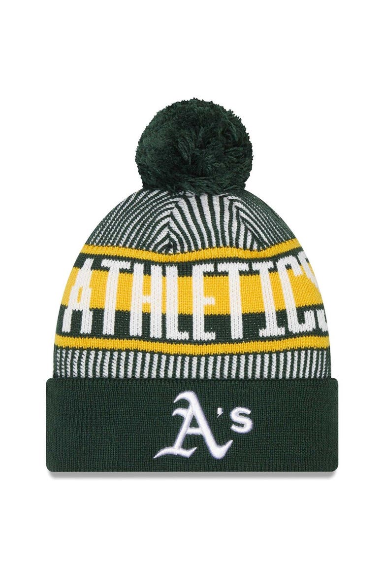 Men's New Era Green Oakland Athletics Striped Cuffed Knit Hat with Pom, Main, color, Green
