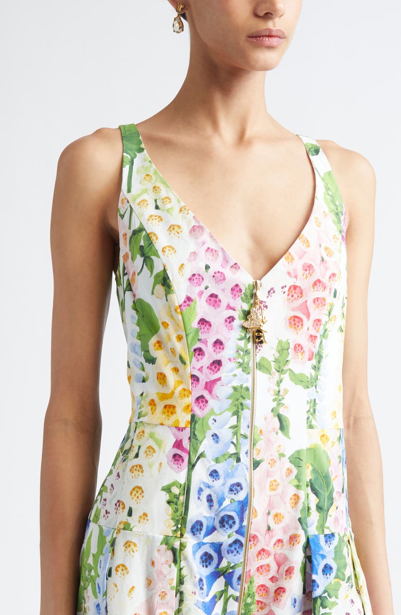 Oscar de la Renta Foxglove Print Sleeveless Stretch Poplin Dress, Alternate, color, White Multi