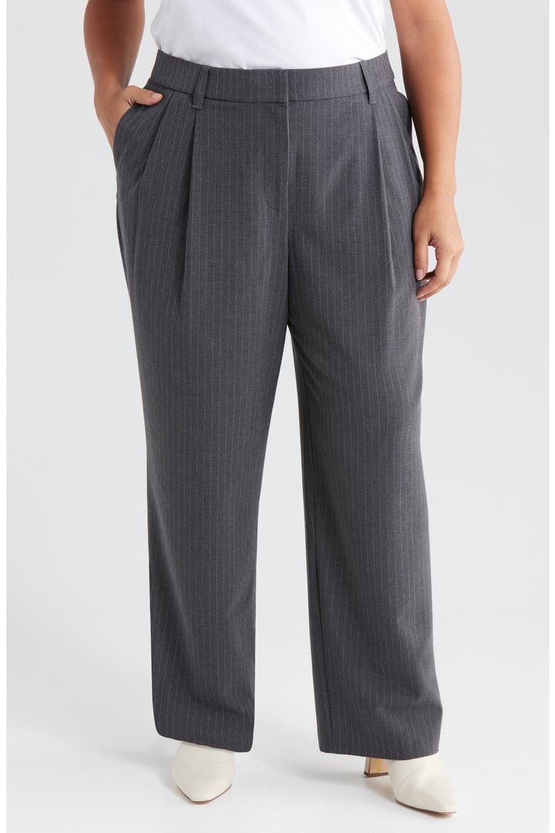 Pinstripe Ultra Skyrise Pleated Wide Leg Pants, Main, color, STEEL GREY WHITE