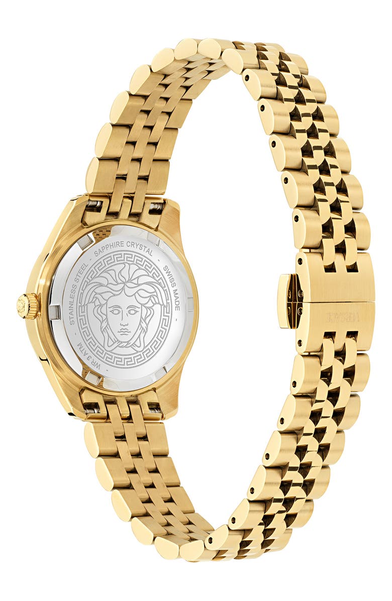 Versace Greca Time Diamond Bracelet Watch, 30mm, Alternate, color, Ip Yellow Gold/ Green