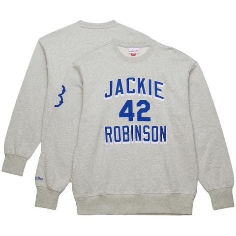 Men's Mitchell & Ness Jackie Robinson Heather Gray Brooklyn Dodgers Legends Collection Vintage Logo Name & Number Fleece Pullover Sweatshirt
