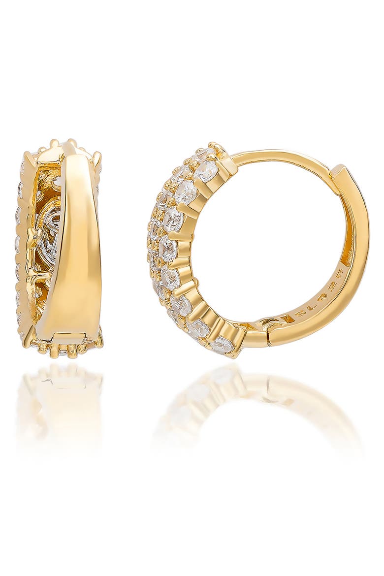 Three Row Pavé Huggie Hoop Earrings, Alternate, color, YELLOW GOLD