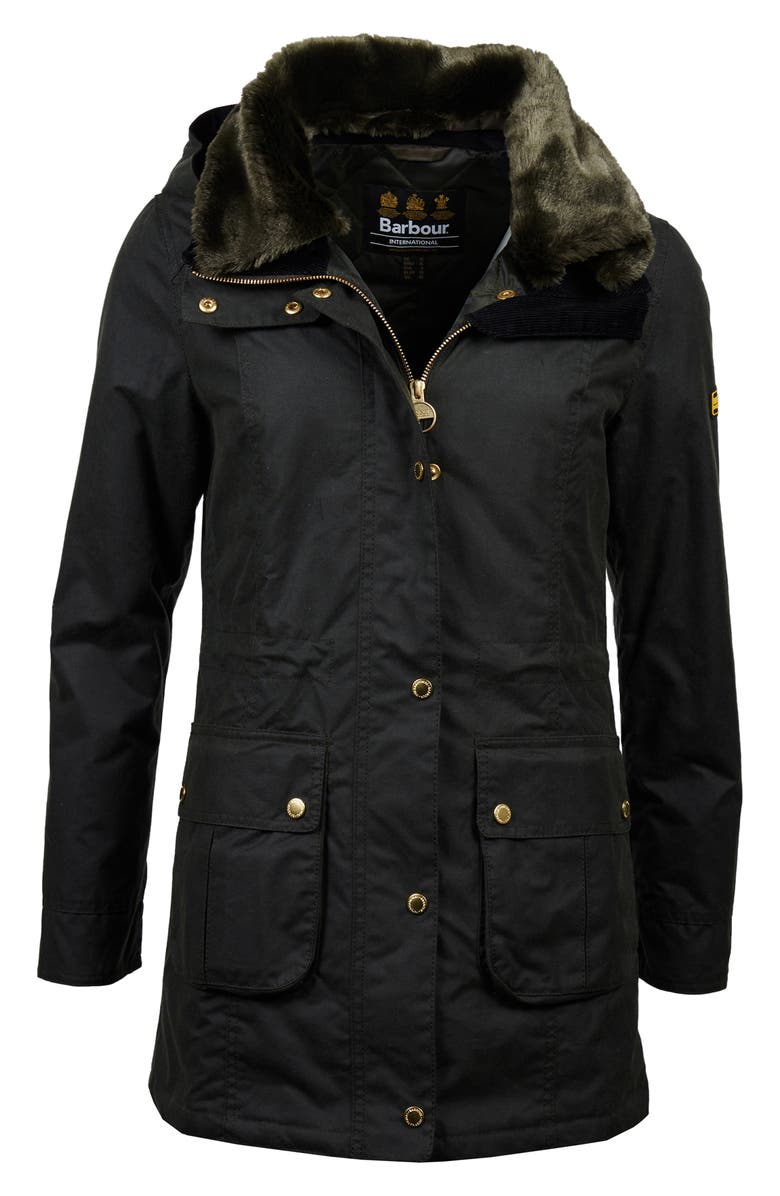 Barbour Thrunton Waxed Cotton Jacket with Faux Fur Trim, Alternate, color,