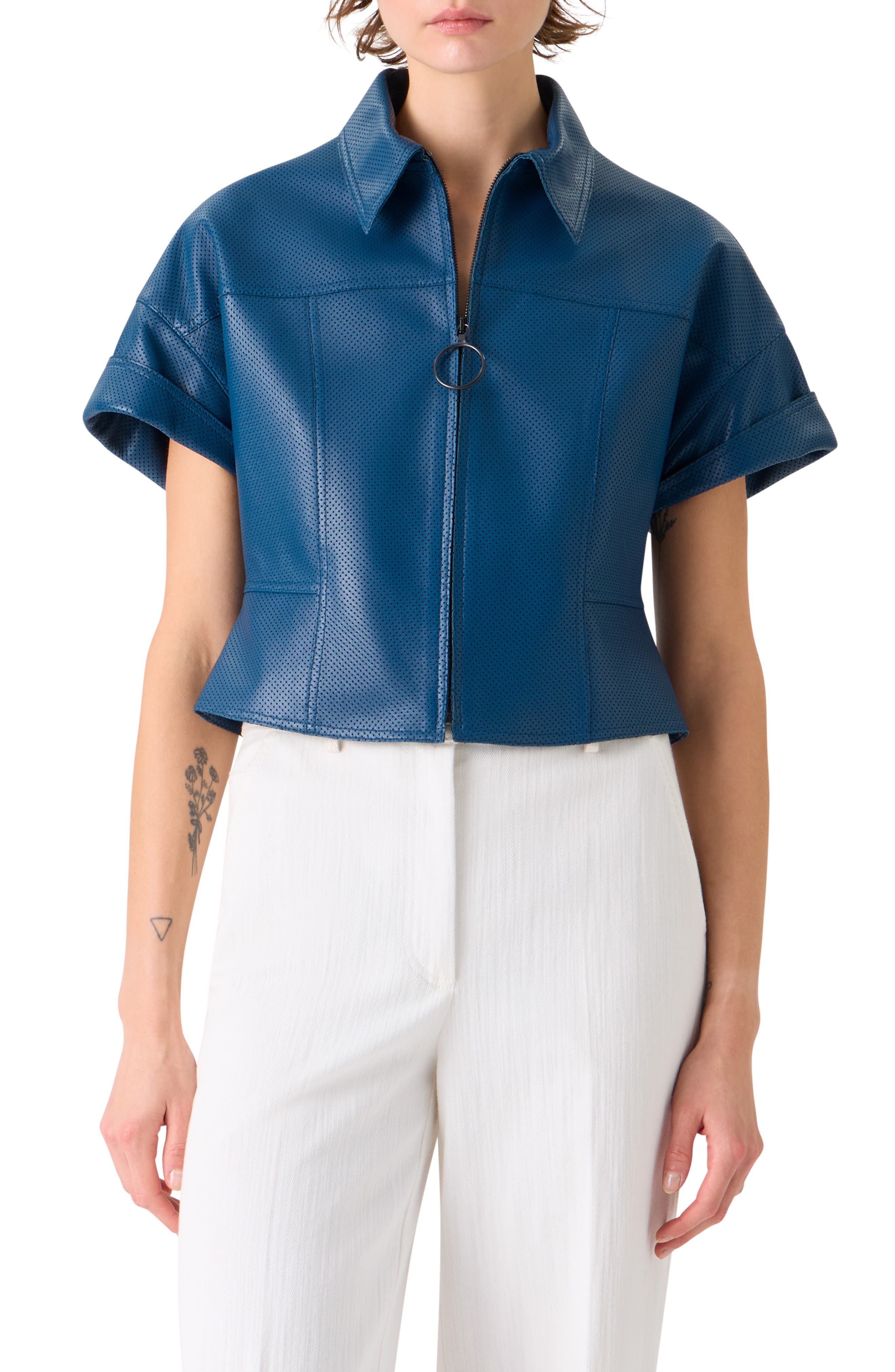 Short Sleeve Perforated Lambskin Leather Crop Jacket