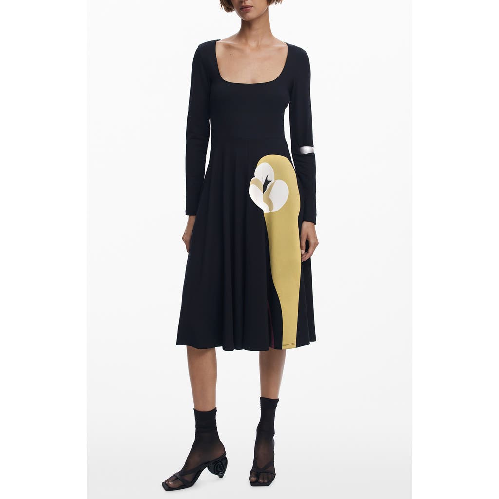 Desigual Lily Long Sleeve Jersey Midi Dress In Black