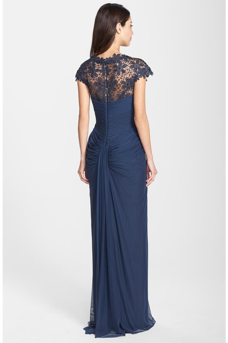 Beaded Lace Yoke Gathered Mesh Gown, Alternate, color, NAVY