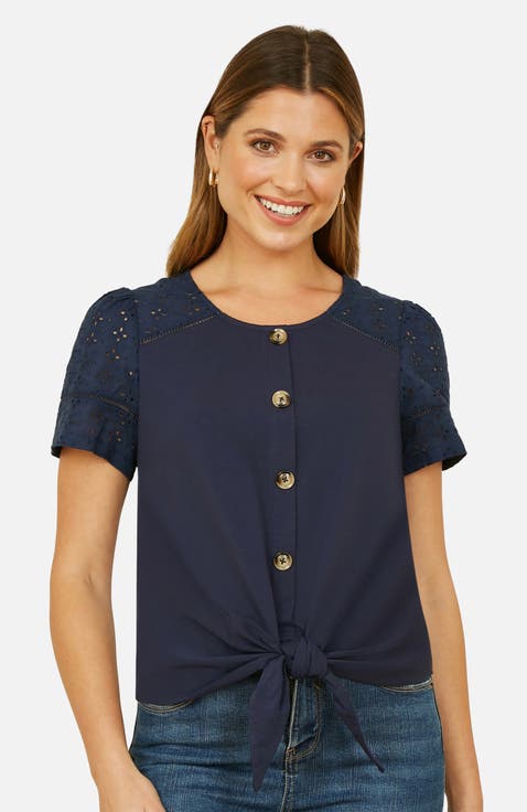 Jersey Button Detail Tie-Hem Top