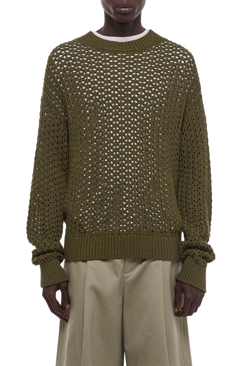 Open Stitch Organic Cotton Blend Crewneck Sweater, Main, color, OLIVE