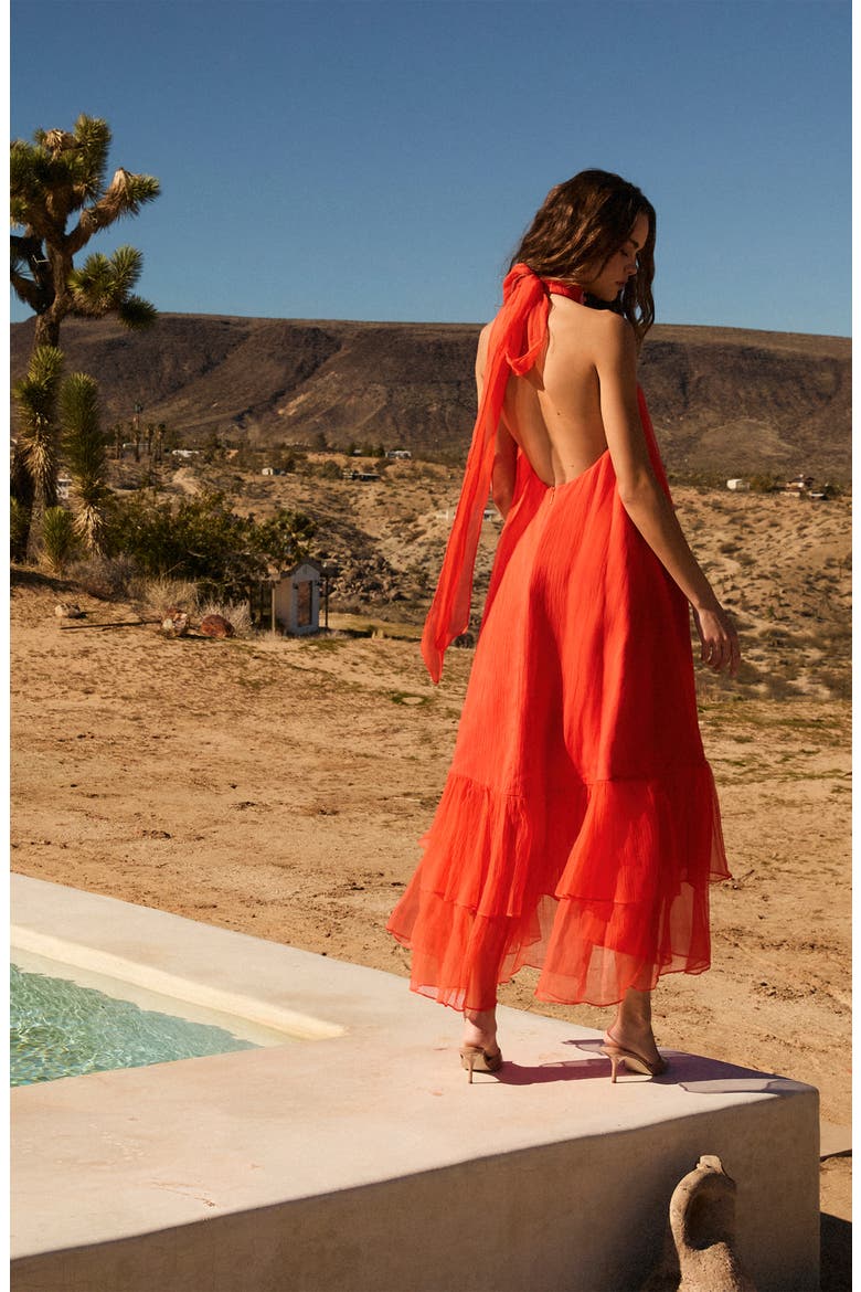 Romy Floral Appliqué Tiered Crinkle Chiffon Halter Dress, Alternate, color, PERSIMMON
