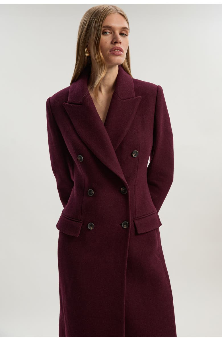 Karen Millen Wool Double Breasted Tailored Midi Coat, Alternate, color, Burgundy