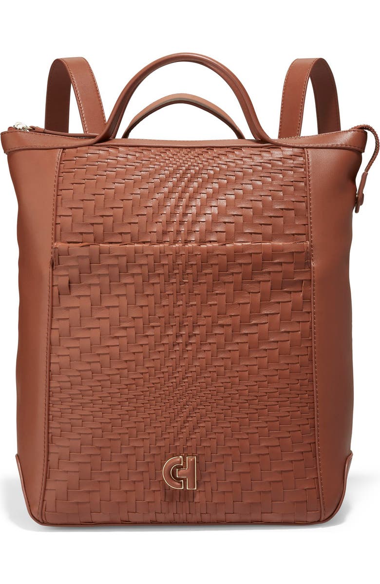 Cole Haan Grand Ambition Small Convertible Leather Backpack, Main, color, British Tan/ Woven