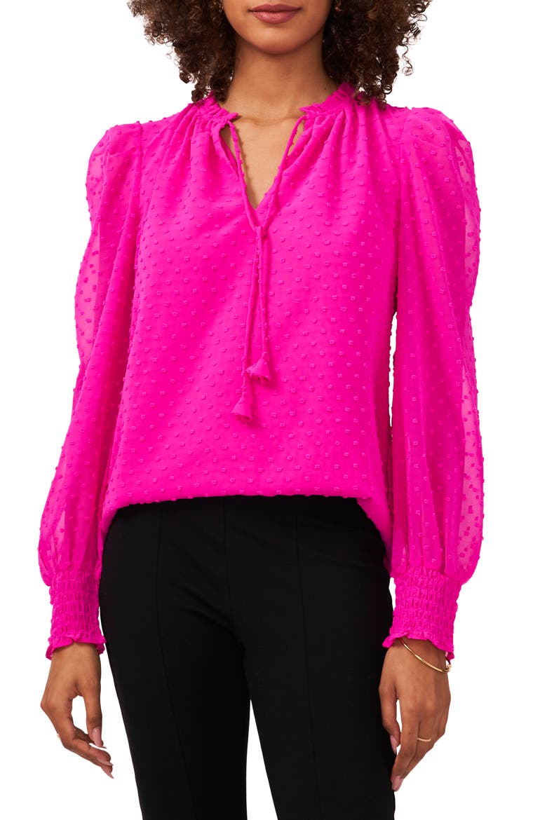 Swiss Dot Tie Neck Smocked Blouse, Main, color, FUCHSIA PINK