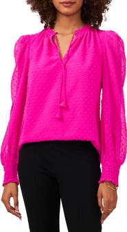 Chaus Swiss Dot Tie Neck Smocked Blouse