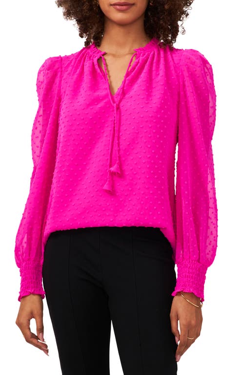 Chaus Swiss Dot Tie Neck Smocked Blouse in Fuchsia Pink 