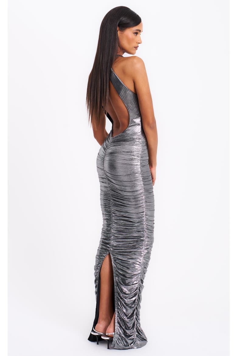 Abril Ruched Glitter Backless Gown, Alternate, color, Silver