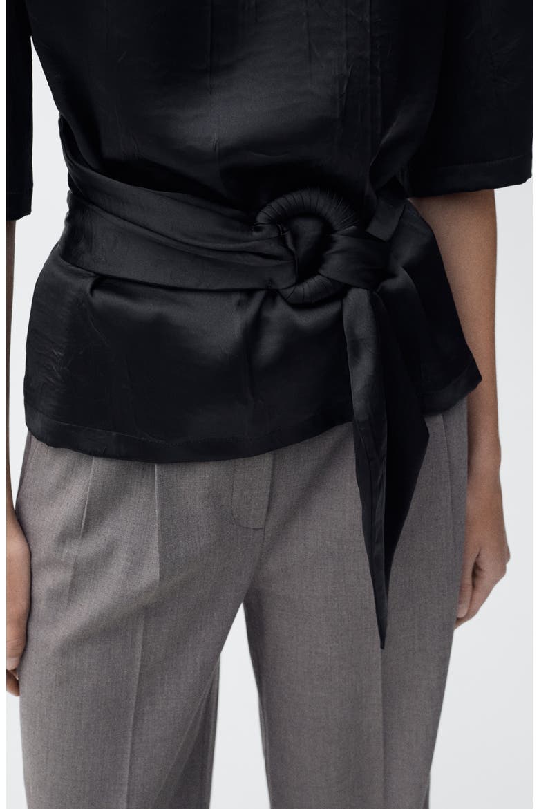 Belted Satin Shirt, Alternate, color, BLACK
