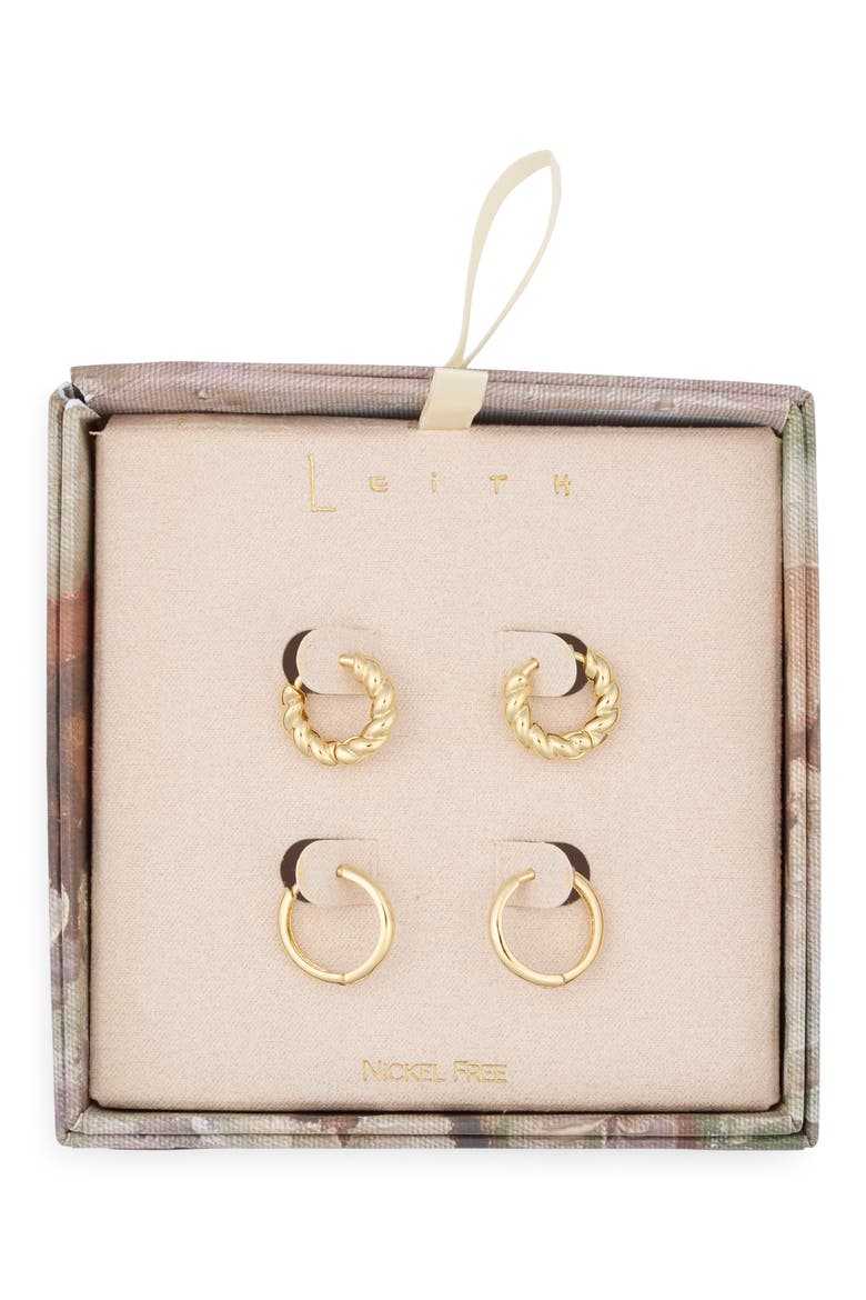Set of 2 Twisted & Smooth Huggie Hoop Earrings, Main, color, GOLD