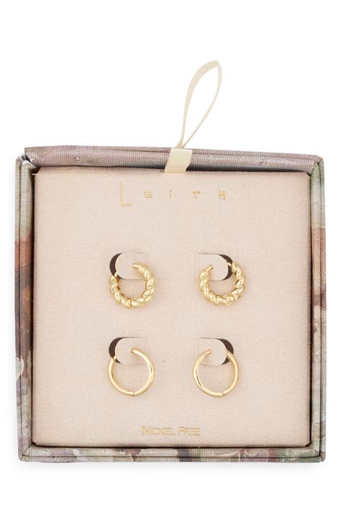 Set of 2 Twisted & Smooth Huggie Hoop Earrings