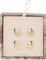 Leith Set of 2 Twisted & Smooth Huggie Hoop Earrings