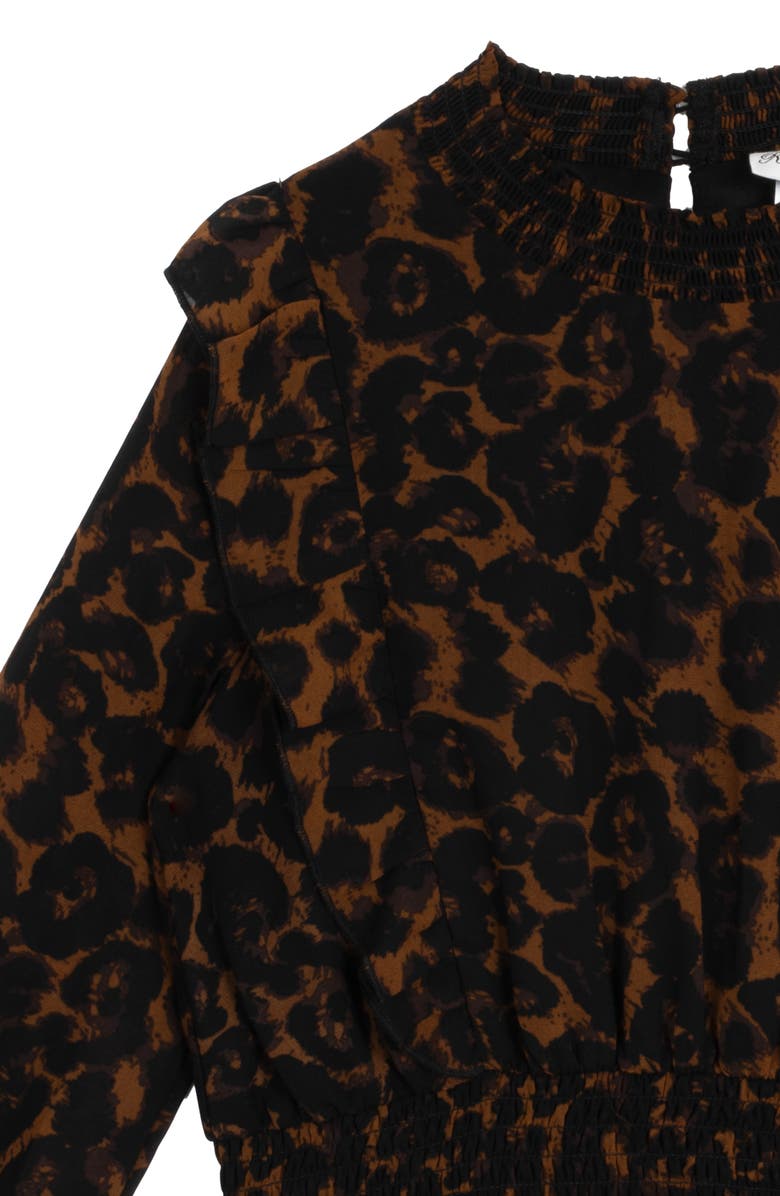 Rare Editions Kids' Print Ruffle Long Sleeve Smocked Dress, Alternate, color, Brown