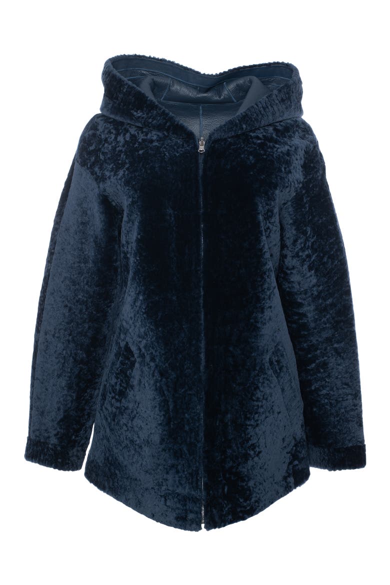 Textured Reversible Genuine Shearling Zip Parka, Alternate, color, NAVY