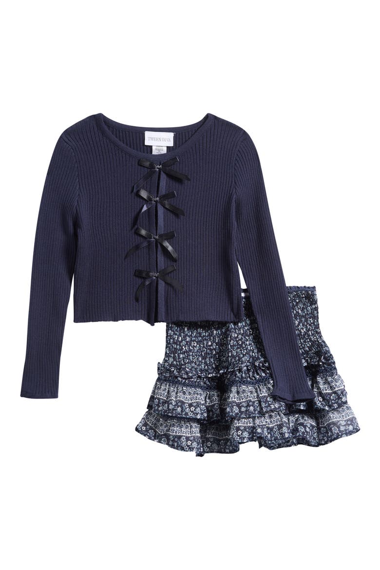 Kids' Bow Sweater, Skirt & Hair Clip Set, Main, color, NAVY