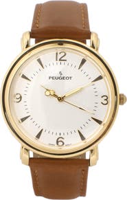 Peugeot Retro Design Domed Crystal Leather Strap Watch - 38MM