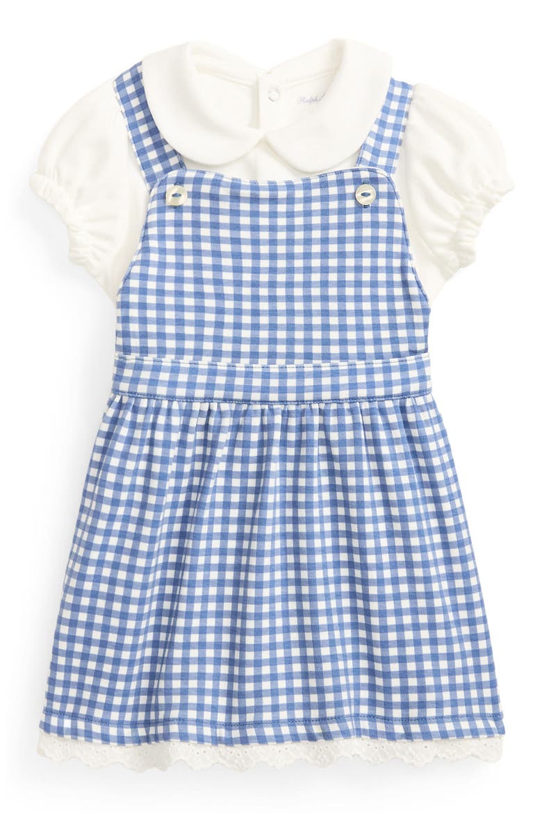 Kids' Polo Collar Cotton Romper & Gingham Pinafore Dress Set, Main, color, BABY GINGHAM BLUE W/ WHITE