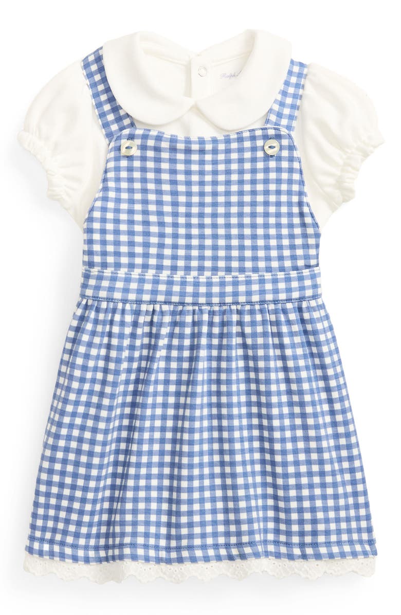 Ralph Lauren Kids' Polo Collar Cotton Romper & Gingham Pinafore Dress Set, Main, color, Baby Gingham Blue W/ White
