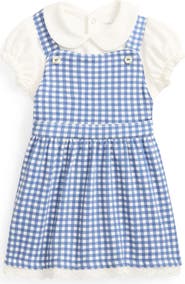 Ralph Lauren Kids' Polo Collar Cotton Romper & Gingham Pinafore Dress Set