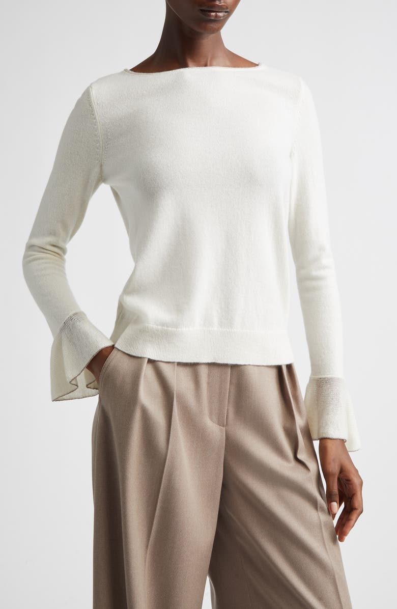 Lafayette 148 New York Ruffle Cuff Cashmere Sweater, Main, color, Cloud