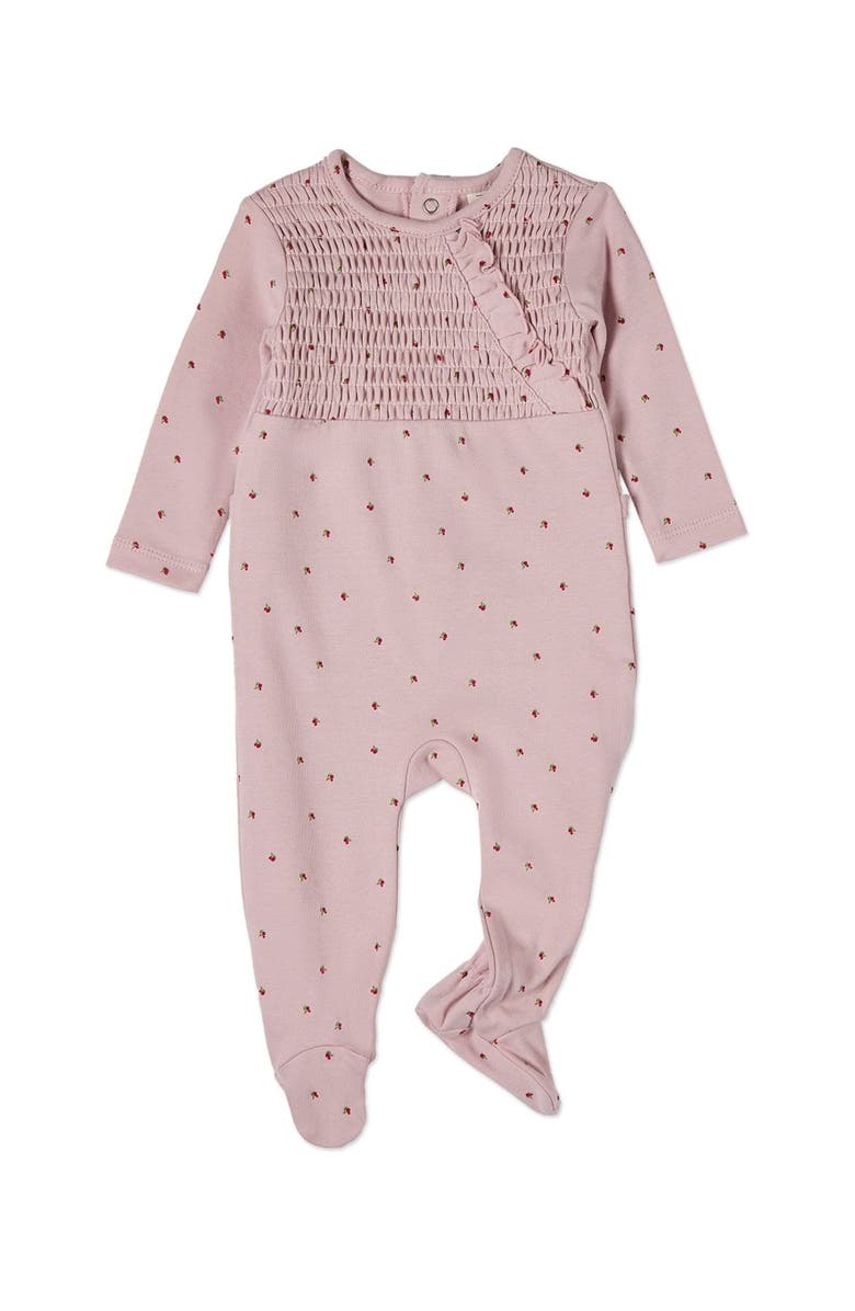 MiniMoi Cotton Ruffled Smocked Footie, Main, color, Blush Pink