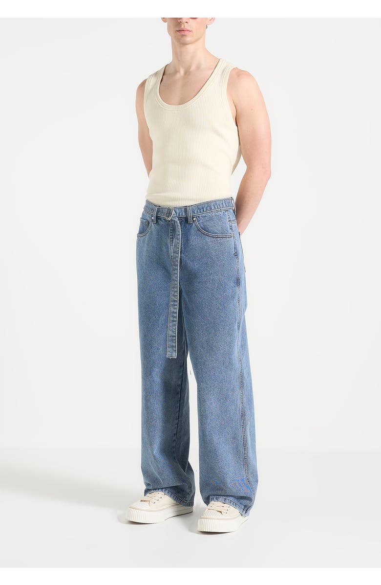 Manière De Voir Adam Wide Leg Belted Jeans, Main, color, Blue Wash