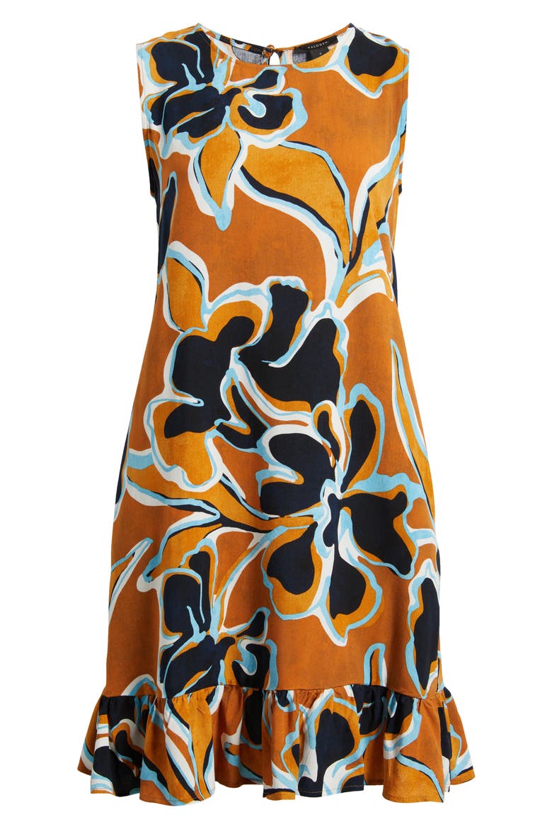 Floral Print Ruffle Hem Dress, Alternate, color, CAFE