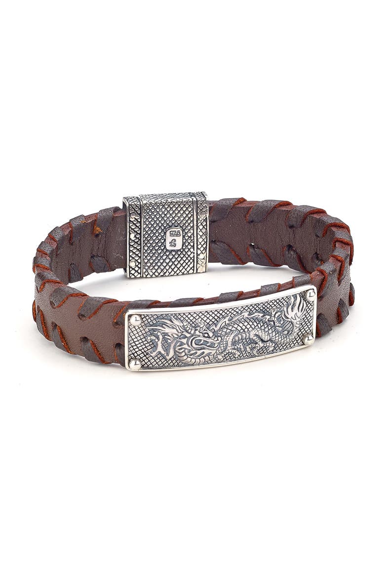Engraved Dragon Leather Bracelet, Main, color, BROWN